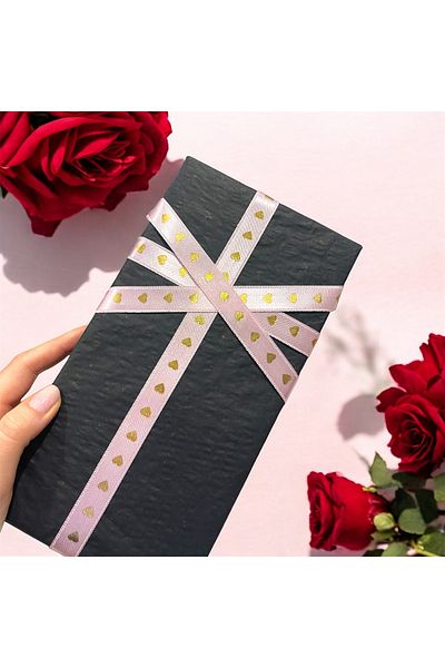 HUR-AY PACK ΡΟΖ Σατέν Κορδέλα - GOLD HEART Printed, 1,5 cm, 3 μέτρα