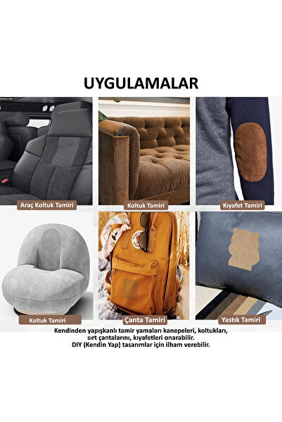 FIXALL ADHESIVE PRODUCTS Yapışkanlı Alkantara Nubuk Deri Tipi Kumaş Döşeme, Koltuk, Tamir Yama Seti 3 Set 18 Parça Gri