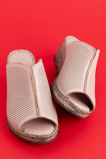 Gondol Hakiki Deri Dolgu Topuklı Yumuşak Taban Rahat Terlik Irm.74