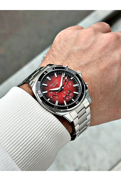 Ferrucci Function Silver-Burgundy Color Steel Band Men's Wrist Watch