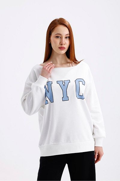 Miss Murem Nyc مطبوعة طية صدر السترة القذرة خياطة Sweat-ECRU