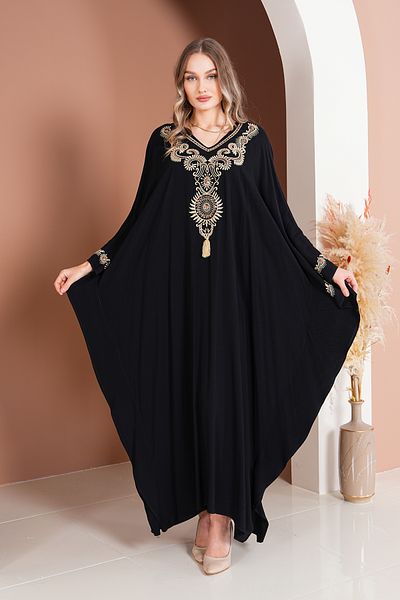 AYASOFYA OTANTIK Women's Black Ethnic Embroidery Detailed Oversize Loose Dress