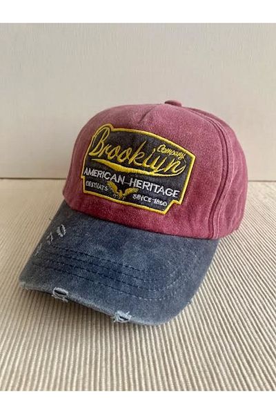 CosmoOutlet Brooklyn Embroidered Washed Vintage Model 100% Cotton Adjustable Back Navy Blue-Burgundy Hat
