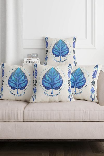 Sakallı Set de huse de pernă decorative din 4 piese cu model de frunze albastre etnice boeme, fundal bej, imprimat digital