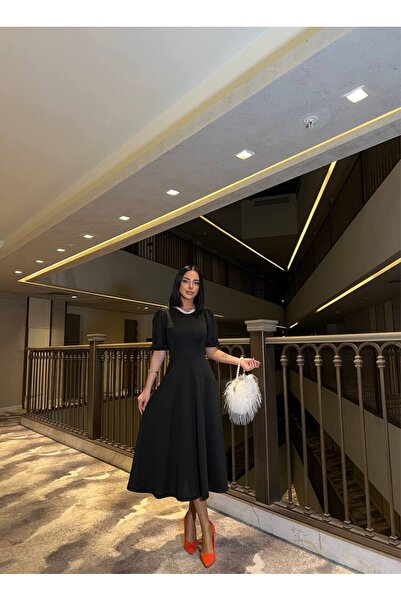 vuvutasarım Scuba Crepe ύφασμα κοντό μπαλόνι μανίκι Γυναικείο βραδινό φόρεμα midi 583151