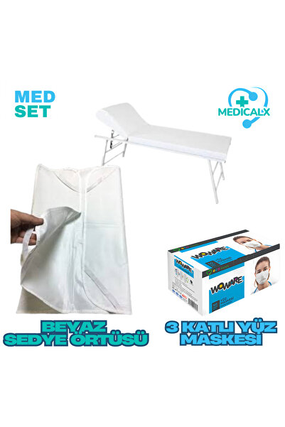 Medicalx MEDSET Beyaz Sedye Örtüsü PVC Lastikli & 3 Katlı Beyaz Yüz Maskesi