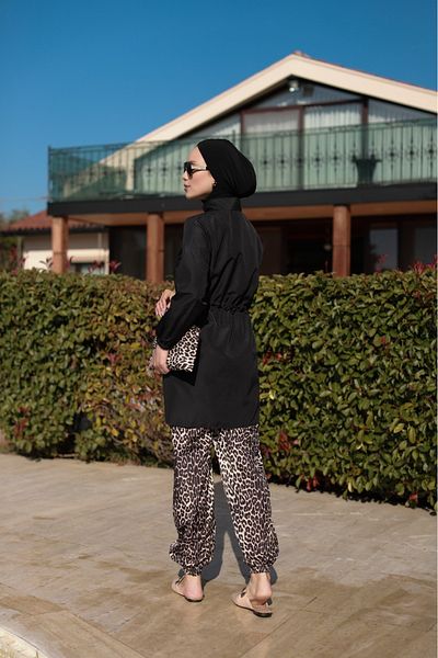dilber fashion Leopard Pattern Hijab Swimsuit with Bone and Bag Gift, Elastic Waist and Zipper