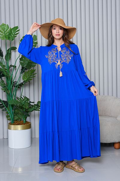 AYASOFYA OTANTIK Femei Albastru Lurex Etnic Autentic Broderie detaliată Rochie lungă cu mânecă lungă