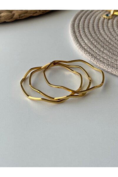 bioaksesuar Kadın Gold Renk 316L Çelik 3'Lü Zikzak Ajda Bilezik Kibrit Çöpü B...