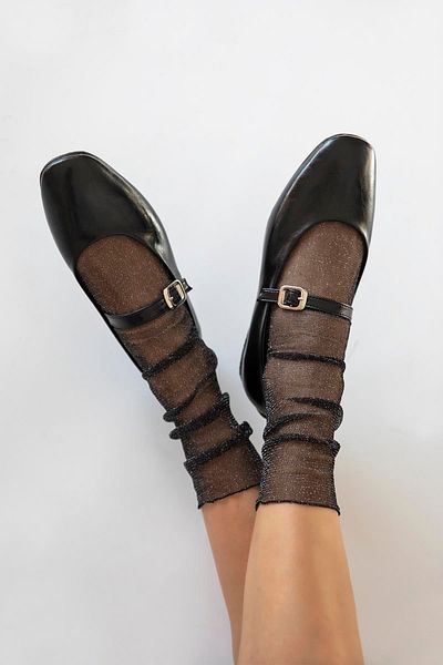STRASWANS Black Wrinkled Leather Ballerinas - Karmin Women's Belt Detailed