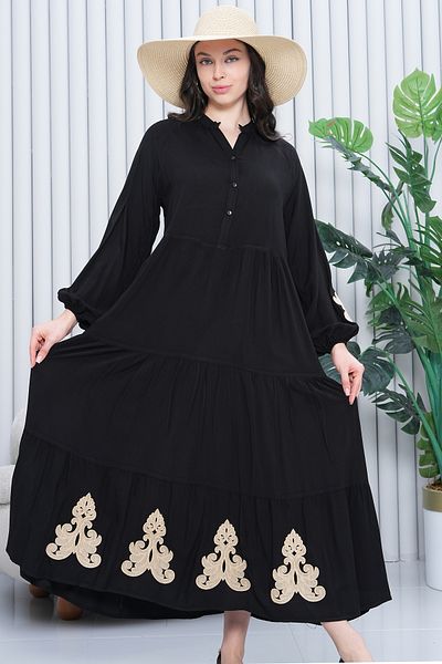 AYASOFYA OTANTIK Women's Black Button Detailed Placket Neck Ethnic Embroidery Detailed Long Sleeve Floor Length Dress