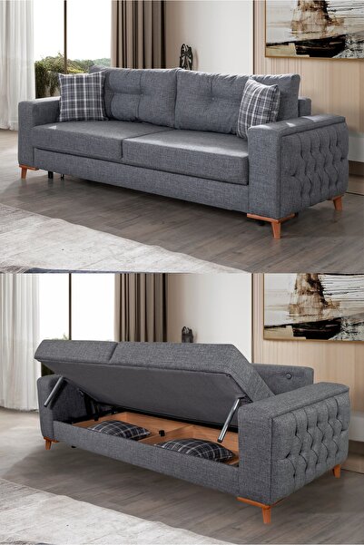 Velura Home & Living Nola Üçlü Kanepe & Bazalı Yataklı Koltuk (1 ADET KANEPE) - Antrasit Keten Kumaş