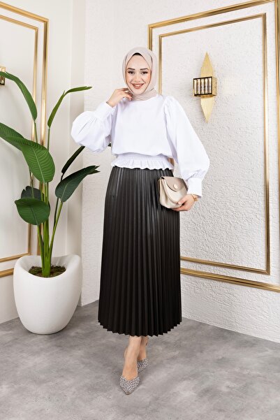 Sfg Life Moda Women's Hijab Clothing Leather Look Elastic Waist Pleated Long ...