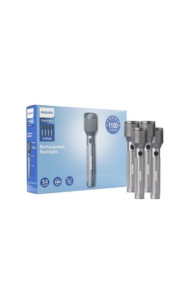 Philips 4-Piece 1100 Lumens Aircraft Aluminium Alloy Zoom LED Rechargeable Flashlight 22.5 x 3.2 x 5 cm
