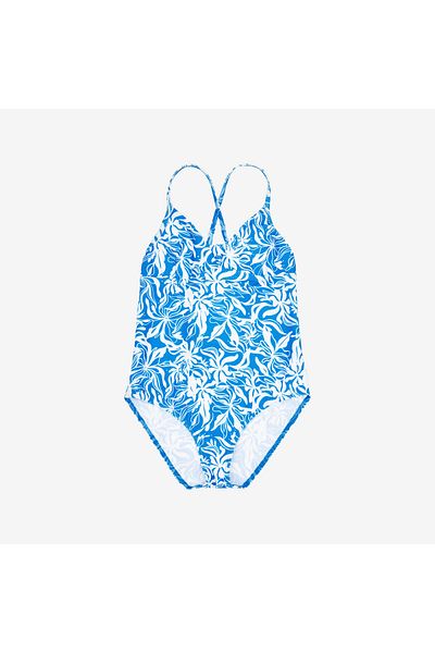 Decathlon Costum de baie pentru copii cu decolteu în V - Albastru/Alb - Motiv frunze - 500 CALY