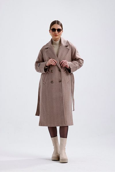 Perryes Women's Layered Collar, Fold Sleeve Detailed Oversize Long Coat with Herringbone Pattern
