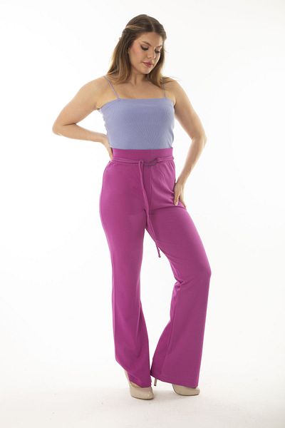 Şans Women's Large Size Fujya Waist Wide Leg Trousers with Elastic Waist and Metal Buckle and Lacing Detail 65N36998