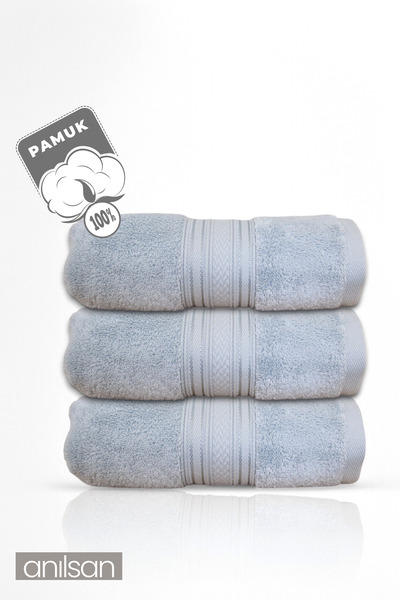 Anılsan Set of 3 Light Blue Super Soft Hand Towels - 50X90 Cm, 250 Gr, 100% Cotton, Spa and Hotel Towels
