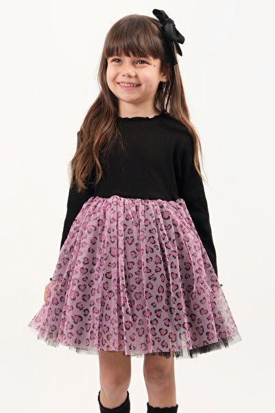 Milangel Leopar Desen Baskılı Tül Tütü Etekli Kız Çocuk Elbise