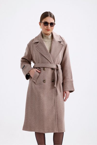 Perryes Women's Layered Collar, Fold Sleeve Detailed Oversize Long Coat with Herringbone Pattern