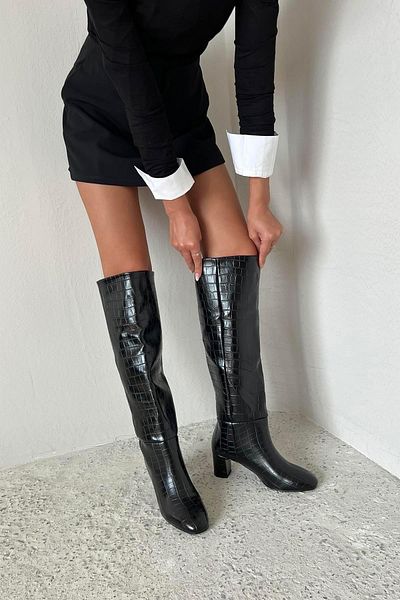 STRASWANS Black Moscow Croco Women's Heeled Boots