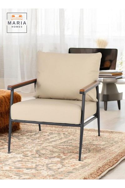 MARIA HOMES Modern Lounge Chair with Cushioned Seat and Wooden Armrest  Durable Metal Frame Perfect for Living