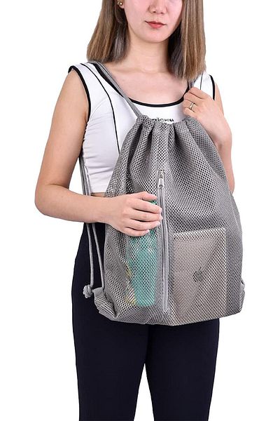 woys Drawstring Drawstring Gray Color Mesh Fabric Backpack