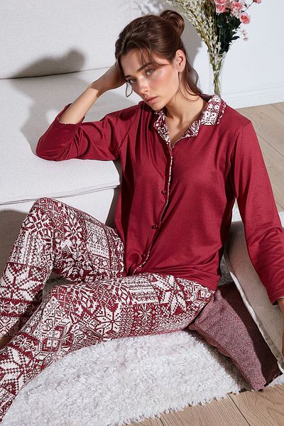 Lela Apash Collar and Print Regular Fit Wide Leg Pajamas Set - Elastic Waist 65714300