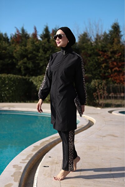 Vivezza Leopard Pattern Hijab Swimsuit with Bone and Bag Gift, Elastic Waist and Zipper