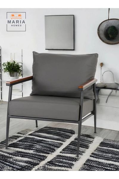 MARIA HOMES Modern Lounge Chair with Cushioned Seat and Wooden Armrest  Durable Metal Frame Perfect for Living