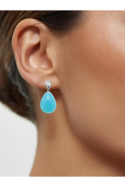 bymissmücevherat Işıltılı Tektaş Detaylı Damla Turkuaz Taşlı Gümüş Küpe