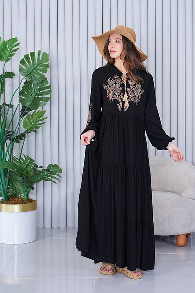 AYASOFYA OTANTIK Women's Black Lurex Ethnic Authentic Embroidery Detailed Long Sleeve Long Dress