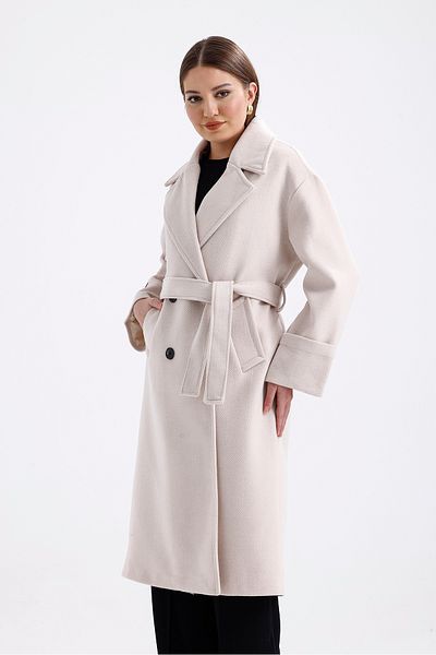 Perryes Women's Layered Collar, Fold Sleeve Detailed Oversize Long Coat with Herringbone Pattern