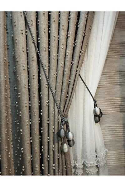 AlbiÜrün Linen Pompon Tolded Fon Curtain Stone Color
