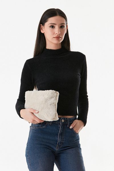 Fulla Moda Plush Clutch Bag with Feather Chain