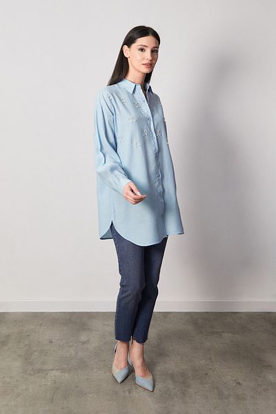 Fulla Moda Cămașă oversize Seersucker brodata cu fundă