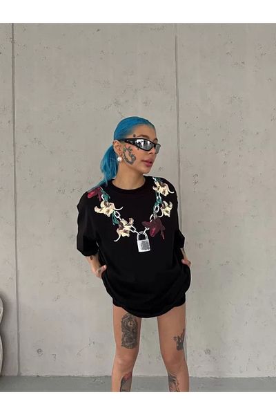 New Shine Μπλουζάκι Unisex Crew Neck Printed Oversize - Μαύρο