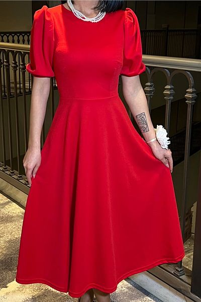 barış sülün lovebox Women's Crepe Fabric Crew Neck Princess Sleeve Detail Red Midi Evening Dress 583151