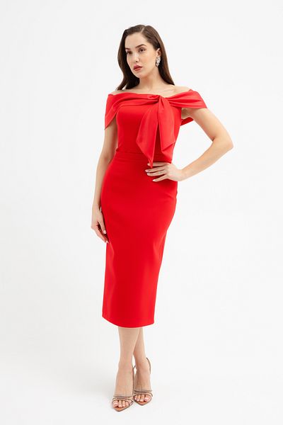 Lafaba Women's Red Neckline Detailed Promise Engagement Wedding Evening Dress