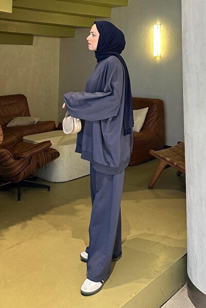 lamelif Ανθρακί κουκούλα και παντελόνι διπλό μουσουλμανικό κοστούμι