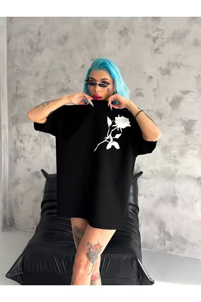 New Shine Μπλουζάκι Unisex Crew Neck Printed Oversize - Μαύρο