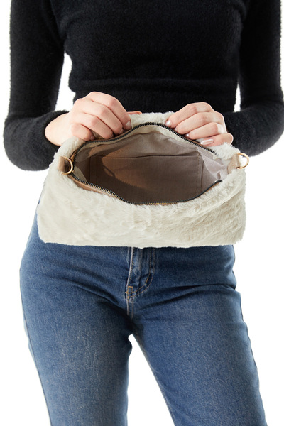 Fulla Moda Plush Clutch Bag with Feather Chain