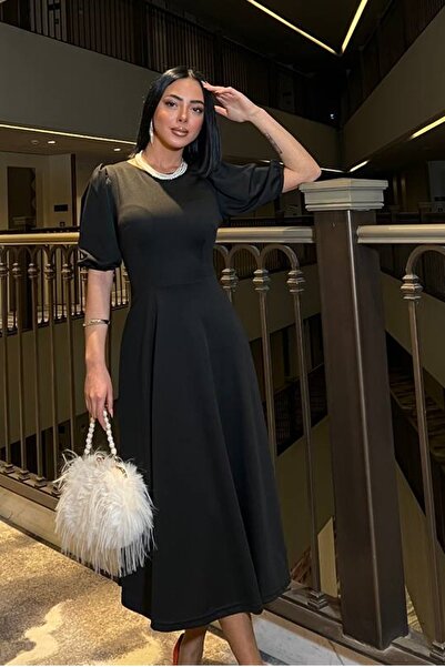 barış sülün lovebox Kadın Krep Kumaş Bisiklet Yaka Prenses Kol Detay Siyah Midi Abiye Elbise 583151