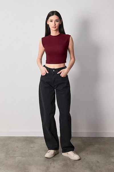 Fulla Moda Φαρδύ τζιν με φερμουάρ με αγκράφα στη μέση