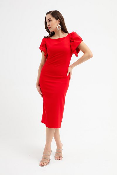 Lafaba Women's Red Balloon Sleeve Midi Dress