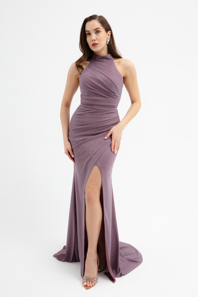 Lafaba Damska lawendowa sukienka wieczorowa z dekoltem halter i rozcięciem, d...