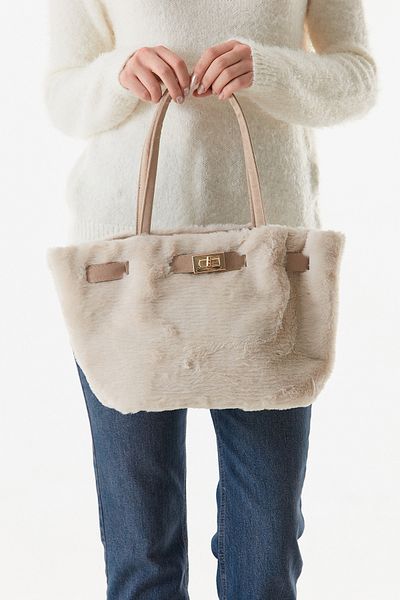 Fulla Moda Plush Handle Bag with Furry Buckle Detail
