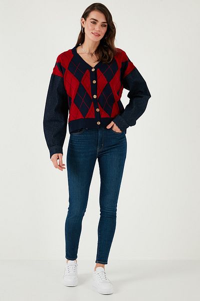 Lela Patterned Regular Fit Buttoned V-Neck Crop Cardigan Cardigan 4615553