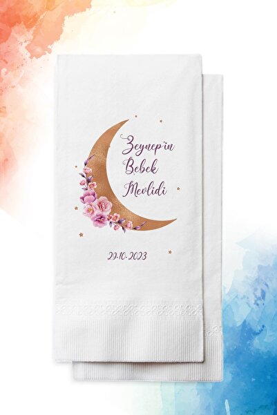 nna tasarım 50 Adet Kişiye Özel Isim Baskılı Kız Bebek Mevlid Peçetesi(P12-50)