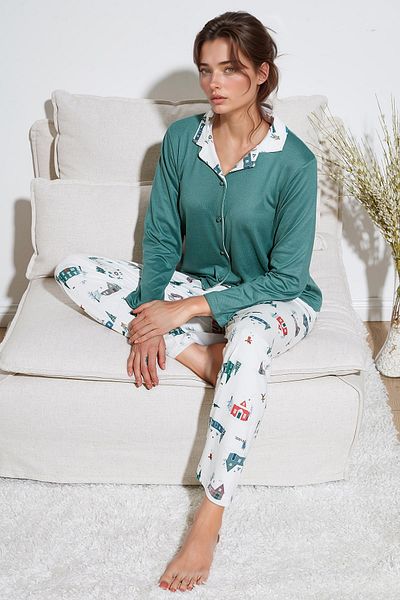 Lela Apash Collar and Print Regular Fit Wide Leg Pajamas Set - Elastic Waist 65714300